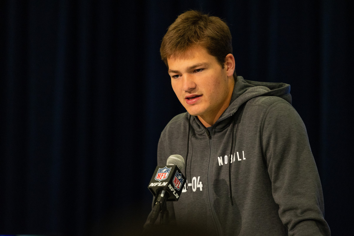 Mar 1, 2024; Indianapolis, IN, USA; North Carolina quarterback Drake Maye (QB04) talks to the media during the 2024 NFL Combine at Lucas Oil Stadium. 